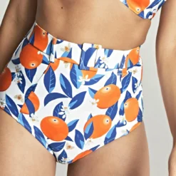 Culotte De Bain Taille Haute Avec Ceinture - Orange/Blanc